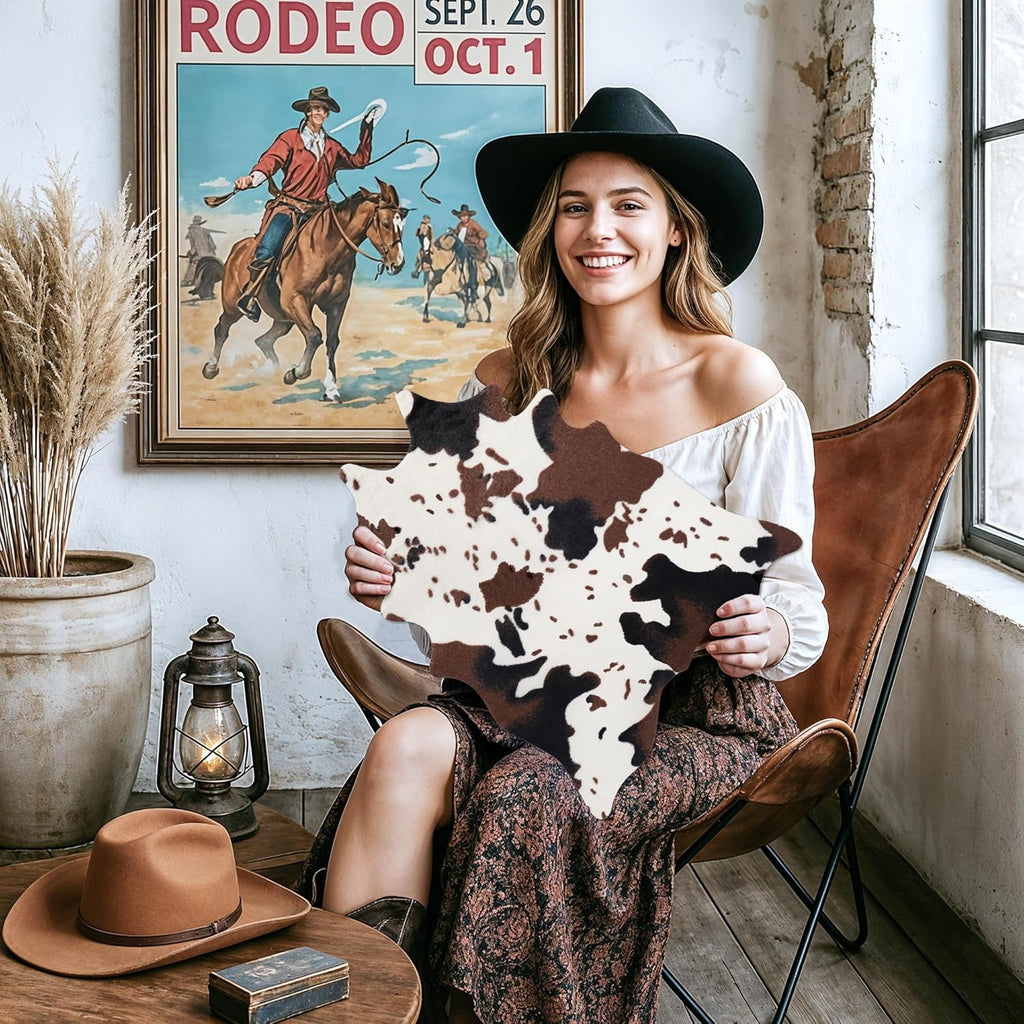 2 Pack Mini Faux Cowhide Rug Western Animal Print Rug Farmhouse Rustic Home Decor, Western Centerpieces for Tables, Kids Room, Cowboy Party, 19.3" W X 23.6" L