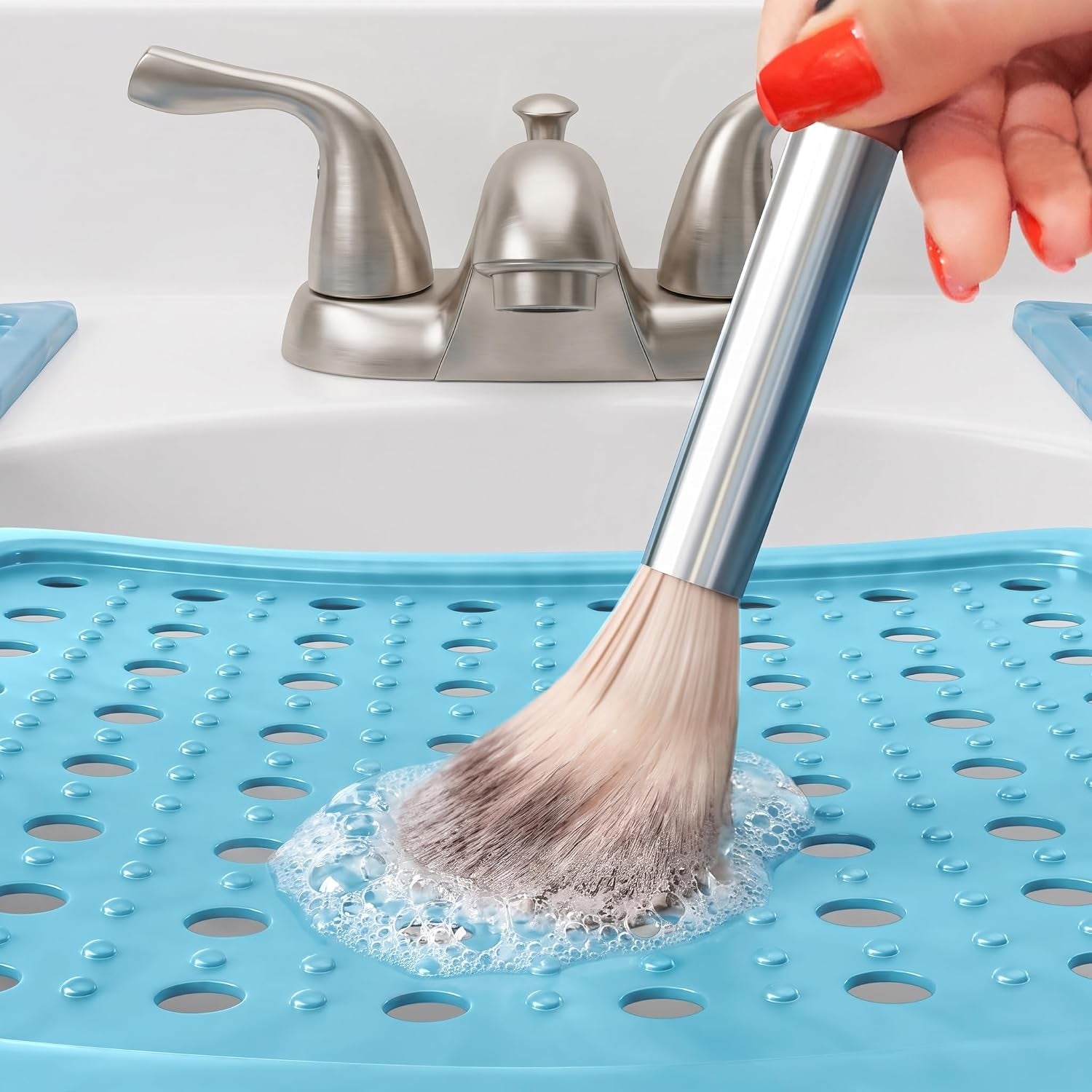 Bathroom Counter Cover & Storage Saver, Foldable Mat for Hot Tools, Hair Styling & Makeup, Beauty Brush Cleaning Mat, RV Camper Sink Cover & for Small Spaces (Standard Pacific Blue)