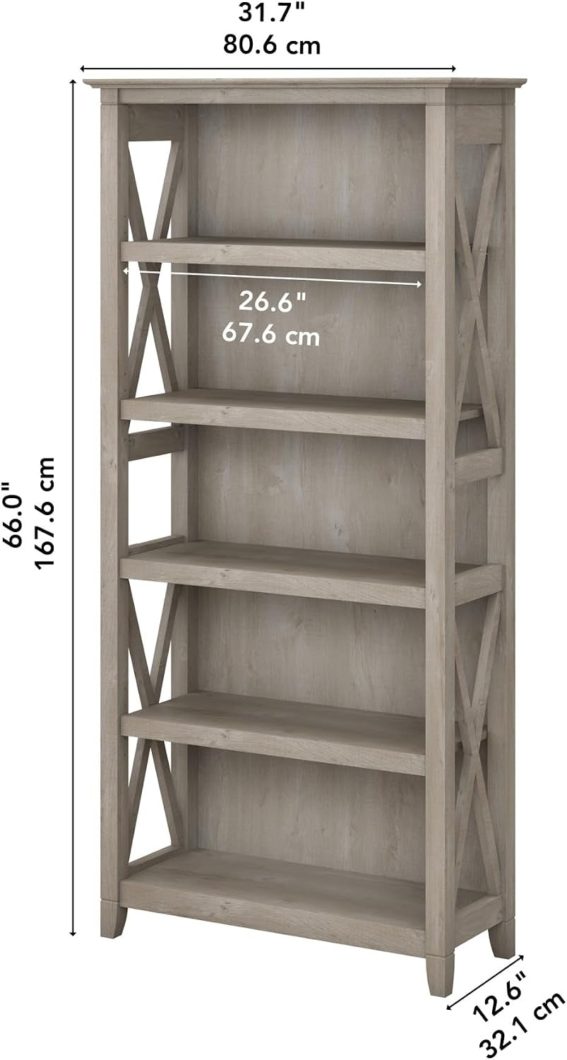 Tall 5 Shelf Bookcase for Living Room or Home Office, Large Bookshelf, Modern Farmhouse Style, Key West Collection, Washed Gray