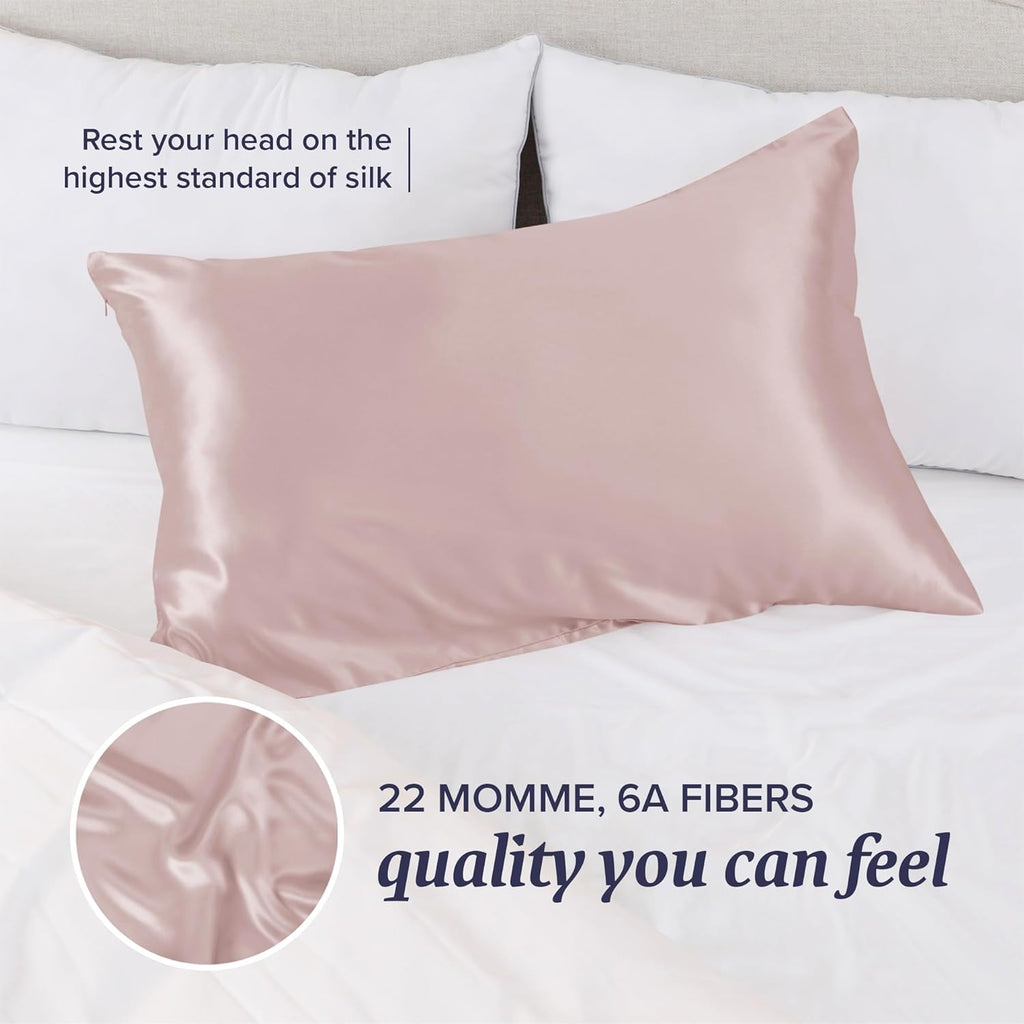 Beckham Hotel Collection Silk Pillow Case with Zipper, 100% Mulberry Silk Pillowcase for Hair & Skin, 22 Momme 6A Grade, Oeko-Tex Certified, 1PC, Queen, Cherry Pink