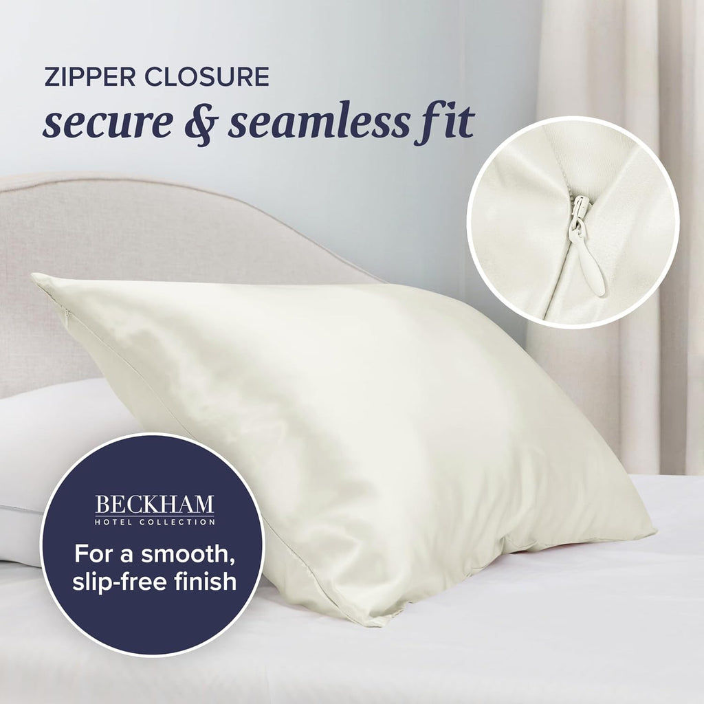 Beckham Hotel Collection Silk Pillow Case with Zipper, 100% Mulberry Silk Pillowcase for Hair & Skin, 22 Momme 6A Grade, Oeko-Tex Certified, 1PC, Queen, Ivory