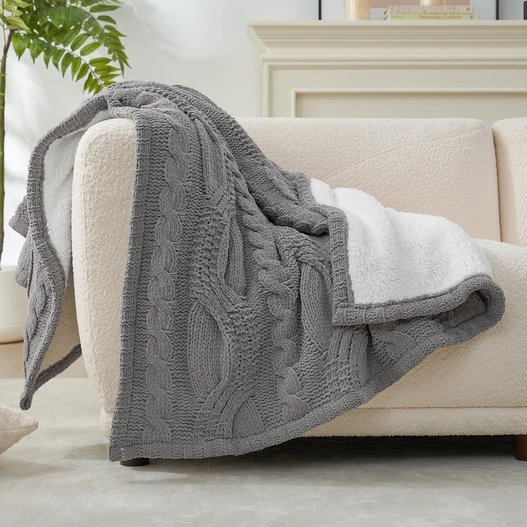 Cable Knit Throw Blanket for Couch, Chenille Sherpa Soft Cozy Throw Blankets for Sofa Chair Comfortable Home, 50"X60", Gray
