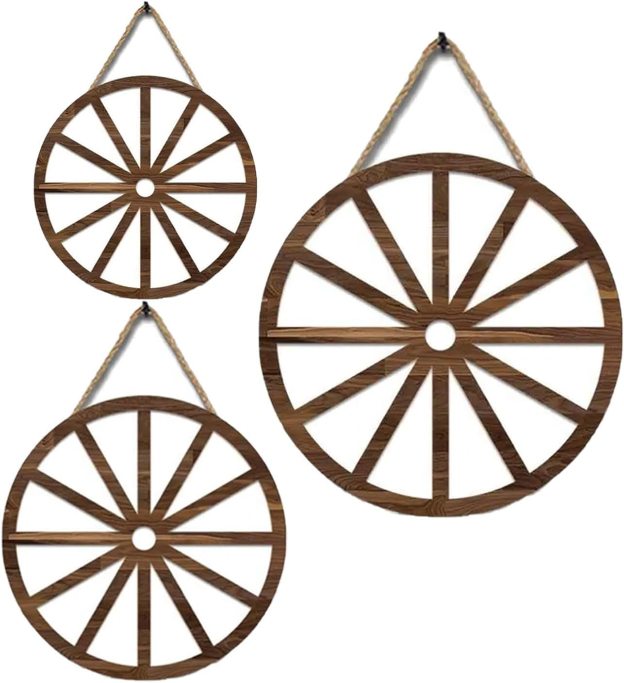3 Pcs Wooden Wagon Wheel Wall Decor 12/10/8 Inch Western Decor, Rustic Wagon Wheels Rustic Yard Hanging,Western Room Decor for Garden Home Bar Garage