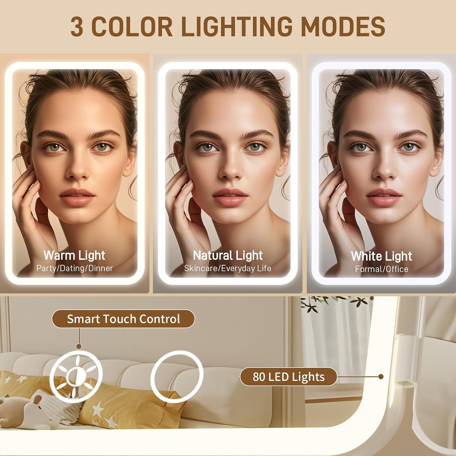Makeup Mirror with Lights, 1X/3X/5X Magnification Vanity Mirror, 3 Colors Dimmable Soft Light 360° Rotation Smart Touch | Rechargeable Portable Trifold Mirror for Travel/Dorm/Room, Gift for Women
