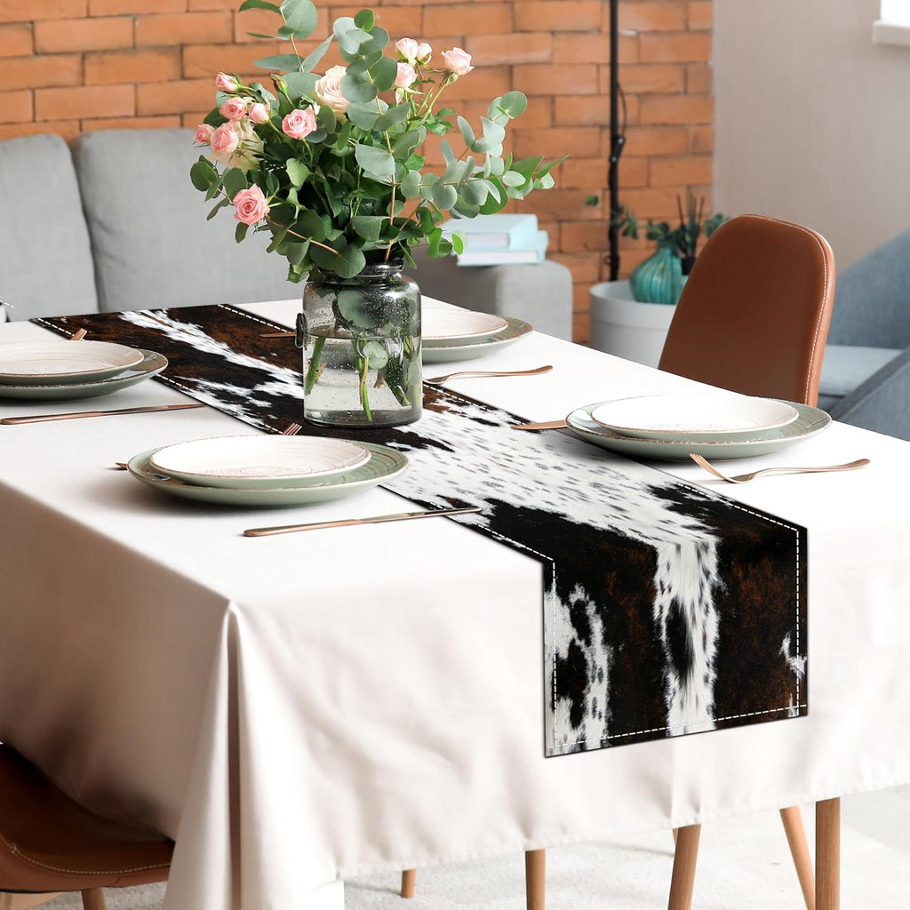 Western Cowhide Table Runner Black Brown Cow Print Table Runners Western Home Decor for Wedding Party Dinner Table Decorations 13 X 71 Inch (13X71 Inch, Black Cowhide Print)