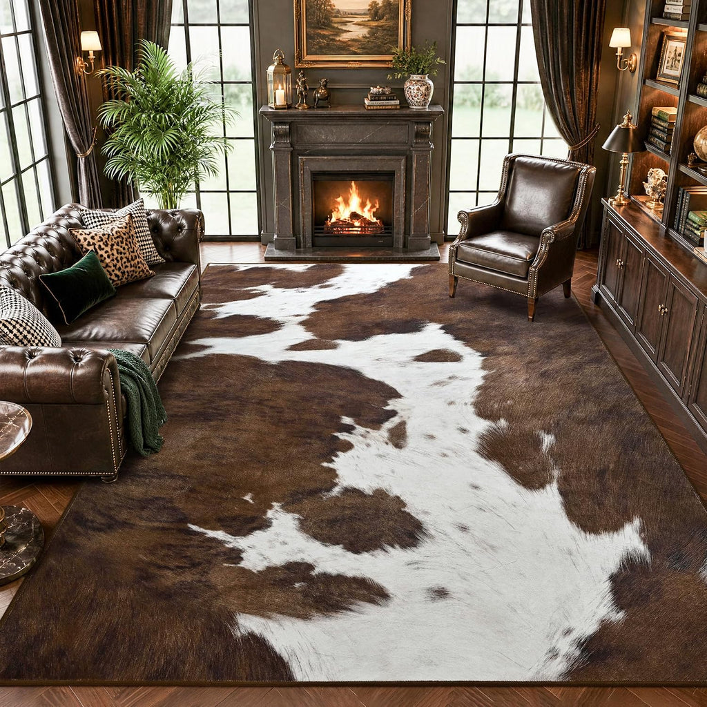 Cow Print Rugs for Living Room Bedroom, 5X7 Washable Non-Slip Low Pile Indoor Floor Rug, Carpet for Dining Room Kitchen Office Western Home Decor, Brown