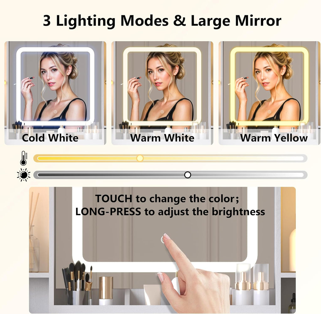 White Makeup Vanity Desk with Mirror & Lights, Modern Vanity Table with Charging Station, 7 Drawers, Glass Cabinet, Adjustable Shelves, Bedroom Dressing Table Set for Women & Girls