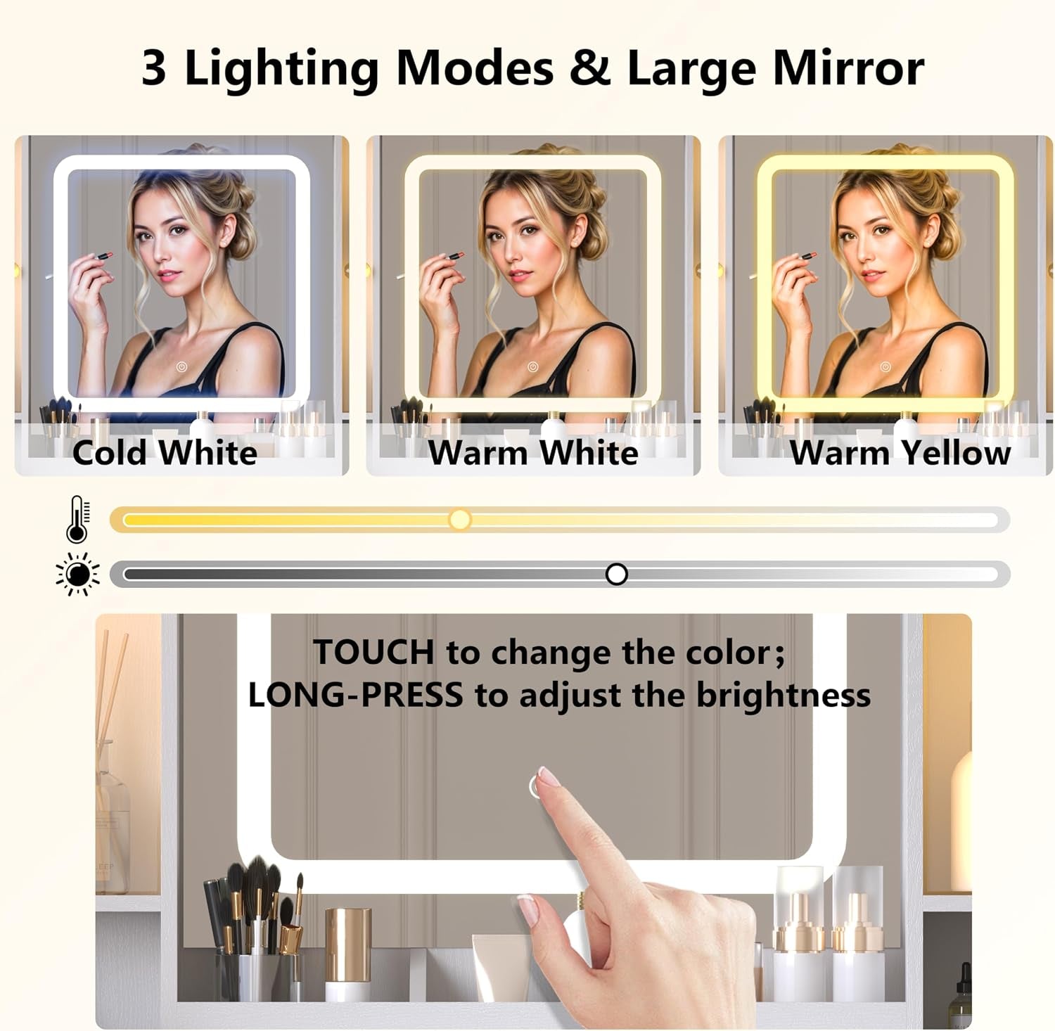 White Makeup Vanity Desk with Mirror & Lights, Modern Vanity Table with Charging Station, 7 Drawers, Glass Cabinet, Adjustable Shelves, Bedroom Dressing Table Set for Women & Girls