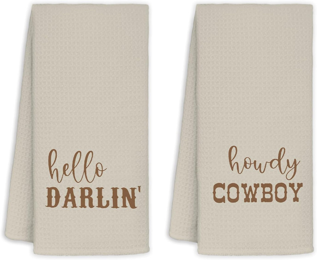 Western Hand Towels for Bathroom Kitchen, Western Bathroom Decor, Hello Darlin Howdy Cowboy Kitchen Towels Set of 2, Gifts for Couples, Western Dish Towels, Western Hand Towels 16×24 In