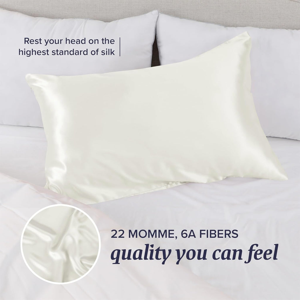 Beckham Hotel Collection Silk Pillow Case with Zipper, 100% Mulberry Silk Pillowcase for Hair & Skin, 22 Momme 6A Grade, Oeko-Tex Certified, 1PC, Queen, Ivory