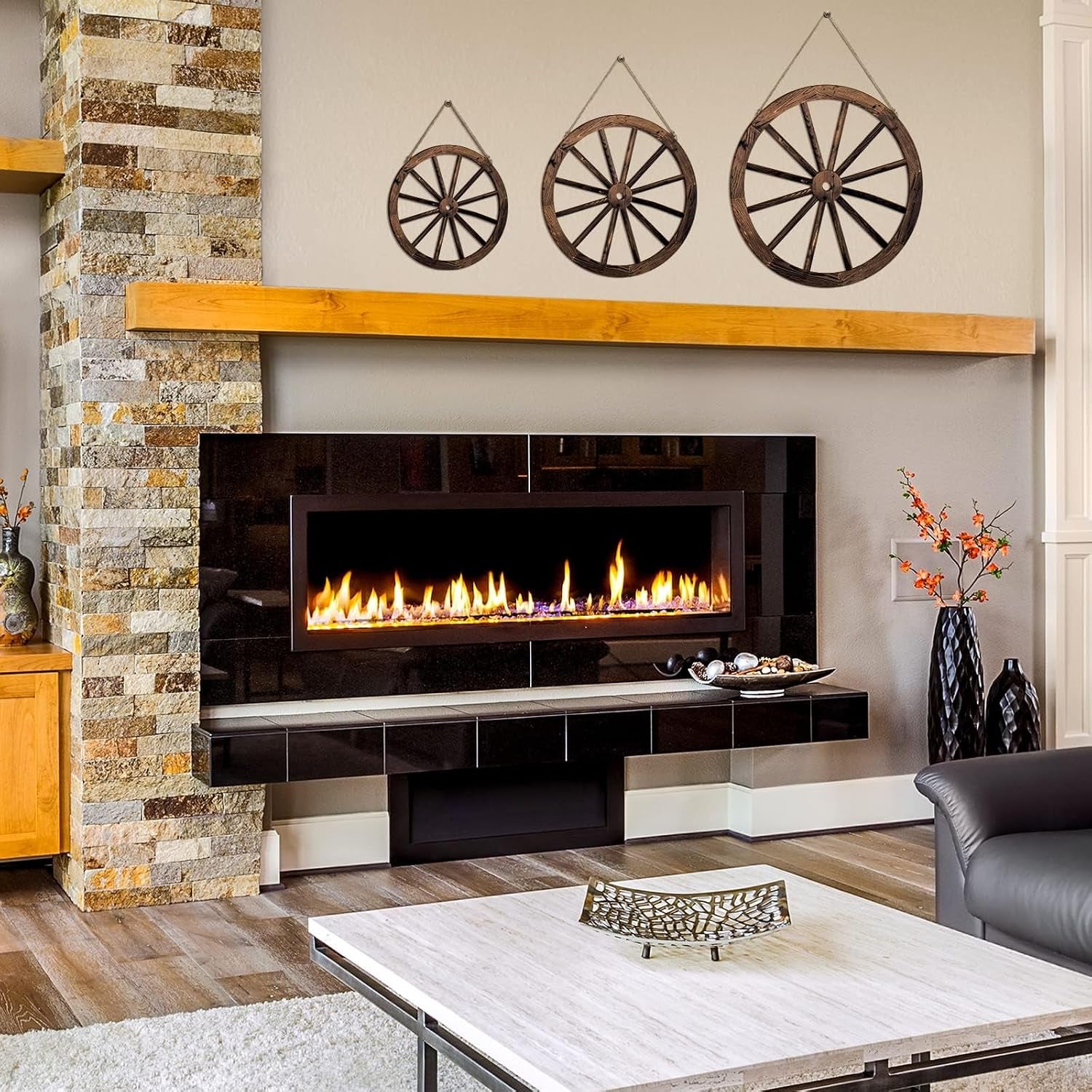3 Pcs Wooden Wagon Wheel Wall Decor 12/10/8 Inch Western Decor, Rustic Wagon Wheels Rustic Yard Hanging,Western Room Decor for Garden Home Bar Garage