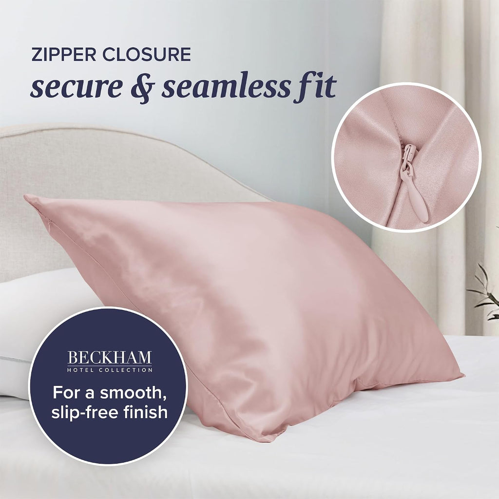 Beckham Hotel Collection Silk Pillow Case with Zipper, 100% Mulberry Silk Pillowcase for Hair & Skin, 22 Momme 6A Grade, Oeko-Tex Certified, 1PC, Queen, Cherry Pink