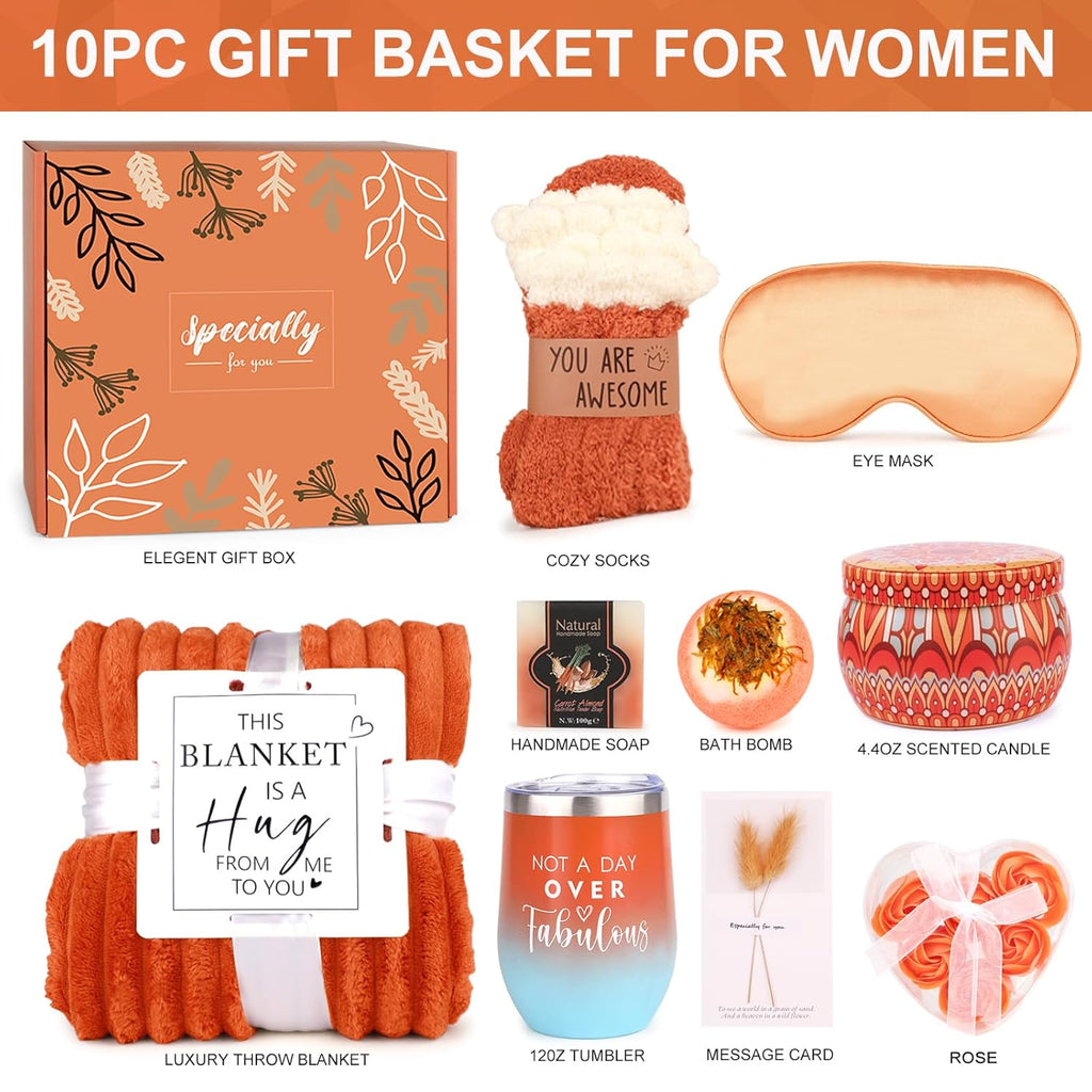Mother'S Day Gifts Baskets for Women Mom Her Wife Girlfriend,Birthday Gifts for Women Teacher Friend W/Cozy Blanket Rose Relaxing Spa Gifts Set,Self Care Get Well Gifts for Her Valentines Mothers Day