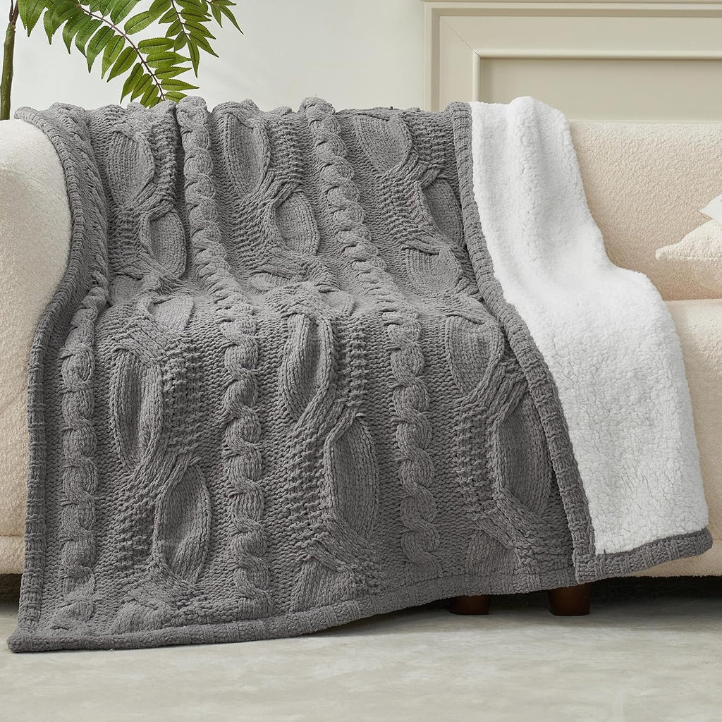 Cable Knit Throw Blanket for Couch, Chenille Sherpa Soft Cozy Throw Blankets for Sofa Chair Comfortable Home, 50"X60", Gray