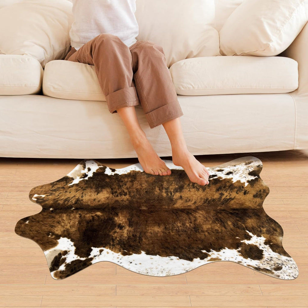 Small Faux Cowhide Rug Cow Carpet Western Home Decor Cow Print Area Rug for Bedroom, Living Room, Kids Room, Table, Office, Brown, Mat, 3.6X2.46 Feet(75X110Cm)
