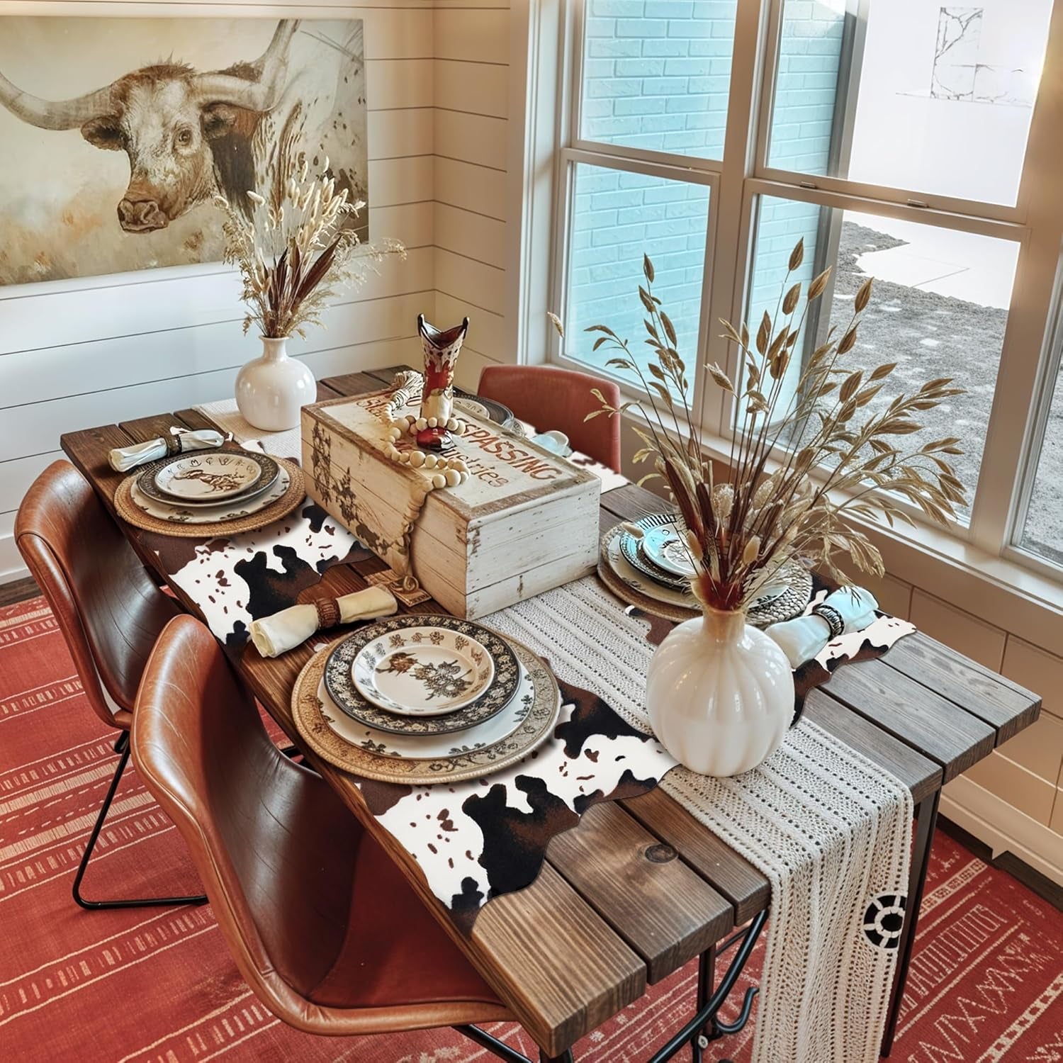 2 Pack Mini Faux Cowhide Rug Western Animal Print Rug Farmhouse Rustic Home Decor, Western Centerpieces for Tables, Kids Room, Cowboy Party, 19.3" W X 23.6" L