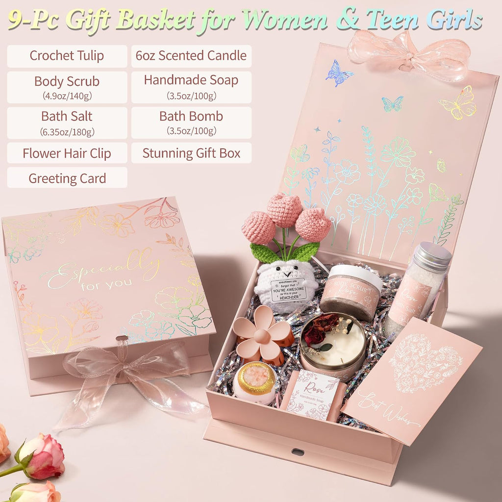 Spa Gifts for Women Bath Gift Set, Rose Relaxing Spa Gift Baskets Home Bath Set Self Care Kit Care Package Thank You Birthday Mothers Day Easter Gifts for Women Her Mom Sister Friends Teen Girls Wife