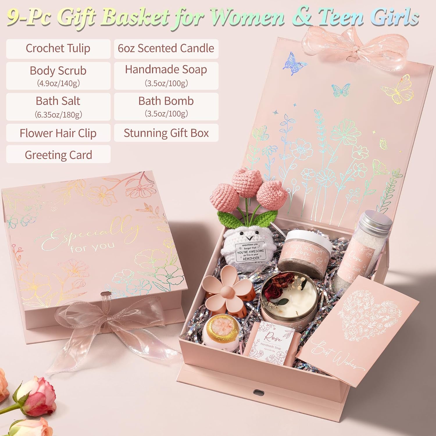 Spa Gifts for Women Bath Gift Set, Rose Relaxing Spa Gift Baskets Home Bath Set Self Care Kit Care Package Thank You Birthday Mothers Day Easter Gifts for Women Her Mom Sister Friends Teen Girls Wife