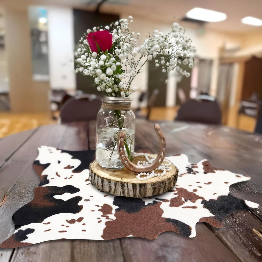 2 Pack Mini Faux Cowhide Rug Western Animal Print Rug Farmhouse Rustic Home Decor, Western Centerpieces for Tables, Kids Room, Cowboy Party, 19.3" W X 23.6" L