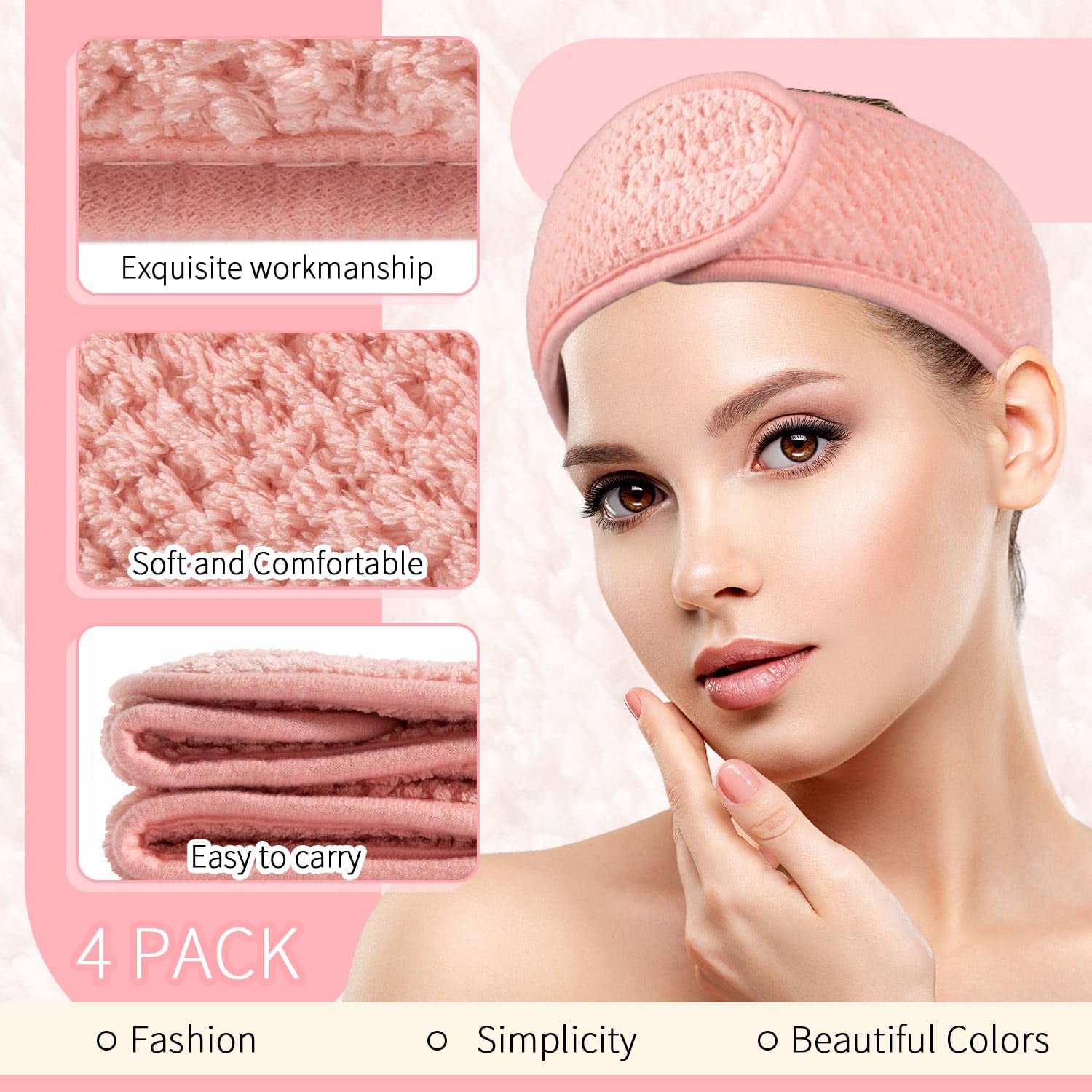 4 Pack Spa Facial Headband, Pea Green, Pink, Beige, Light Gray | Makeup Hair Wrap, Adjustable Hair Band, Soft Towel Head Band, for Face Washing, Shower Sports Yoga