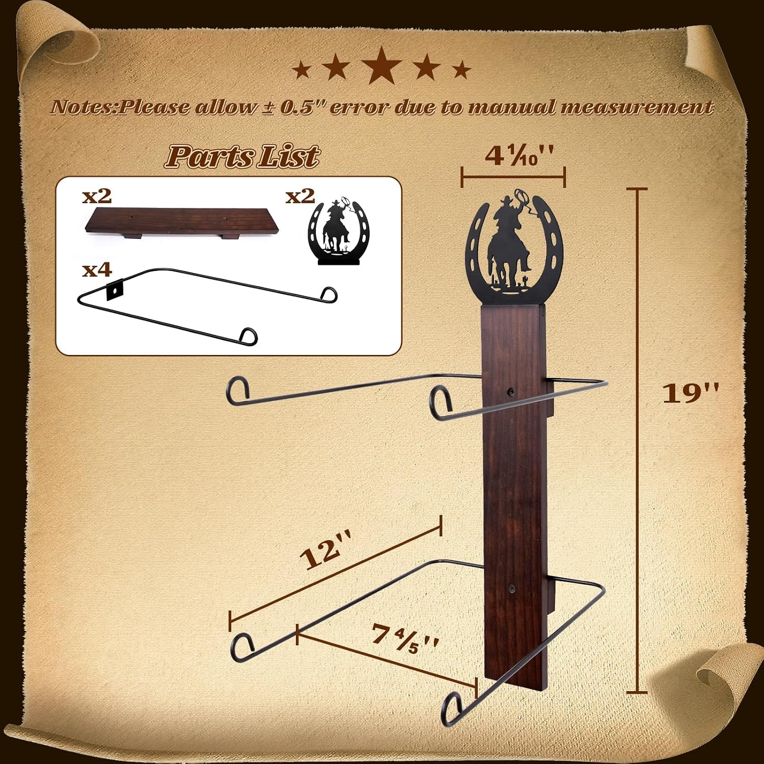 Cowboy Hat Rack for Wall, Rustic Western Hat Holder, Western Style Hat Organizer Hook for Home, Entryway, Ranch, or Cabin Décor