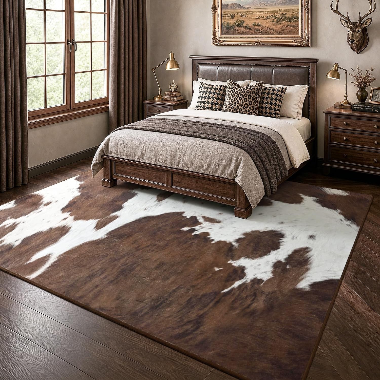 Cow Print Rugs for Living Room Bedroom, 5X7 Washable Non-Slip Low Pile Indoor Floor Rug, Carpet for Dining Room Kitchen Office Western Home Decor, Brown