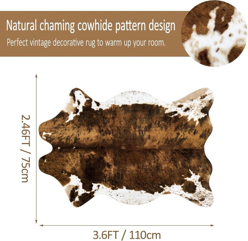 Small Faux Cowhide Rug Cow Carpet Western Home Decor Cow Print Area Rug for Bedroom, Living Room, Kids Room, Table, Office, Brown, Mat, 3.6X2.46 Feet(75X110Cm)