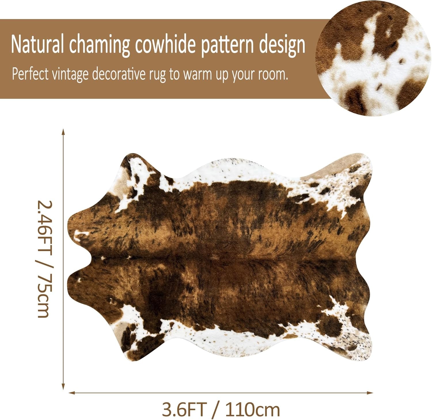 Small Faux Cowhide Rug Cow Carpet Western Home Decor Cow Print Area Rug for Bedroom, Living Room, Kids Room, Table, Office, Brown, Mat, 3.6X2.46 Feet(75X110Cm)