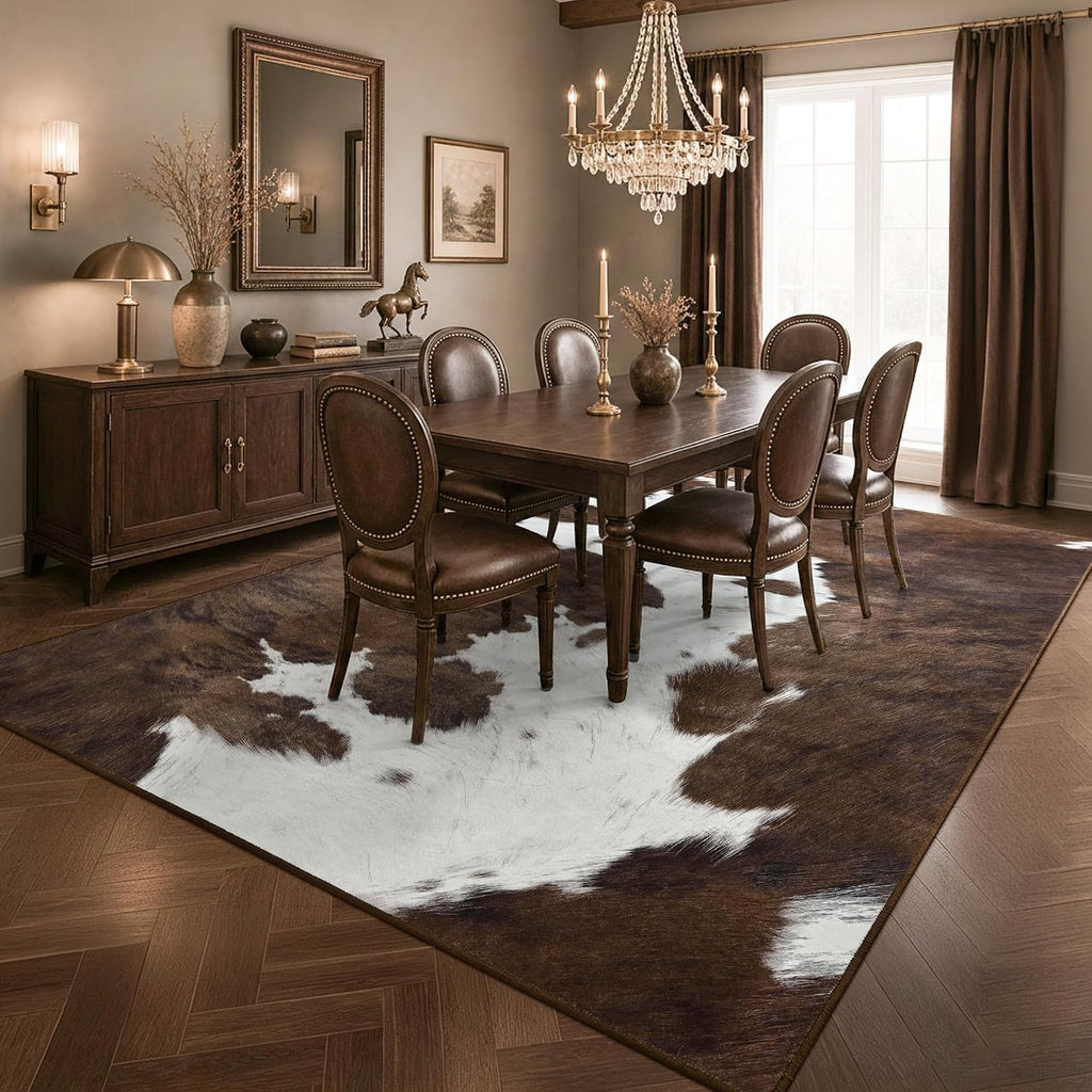 Cow Print Rugs for Living Room Bedroom, 5X7 Washable Non-Slip Low Pile Indoor Floor Rug, Carpet for Dining Room Kitchen Office Western Home Decor, Brown