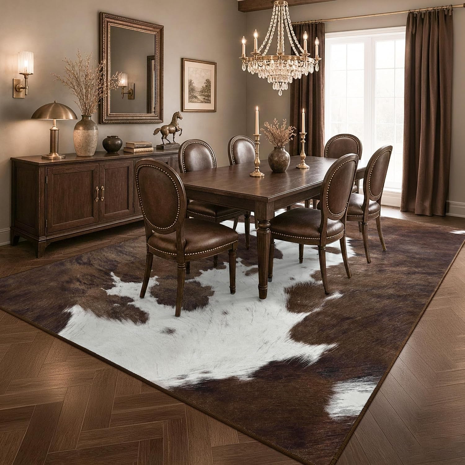 Cow Print Rugs for Living Room Bedroom, 5X7 Washable Non-Slip Low Pile Indoor Floor Rug, Carpet for Dining Room Kitchen Office Western Home Decor, Brown