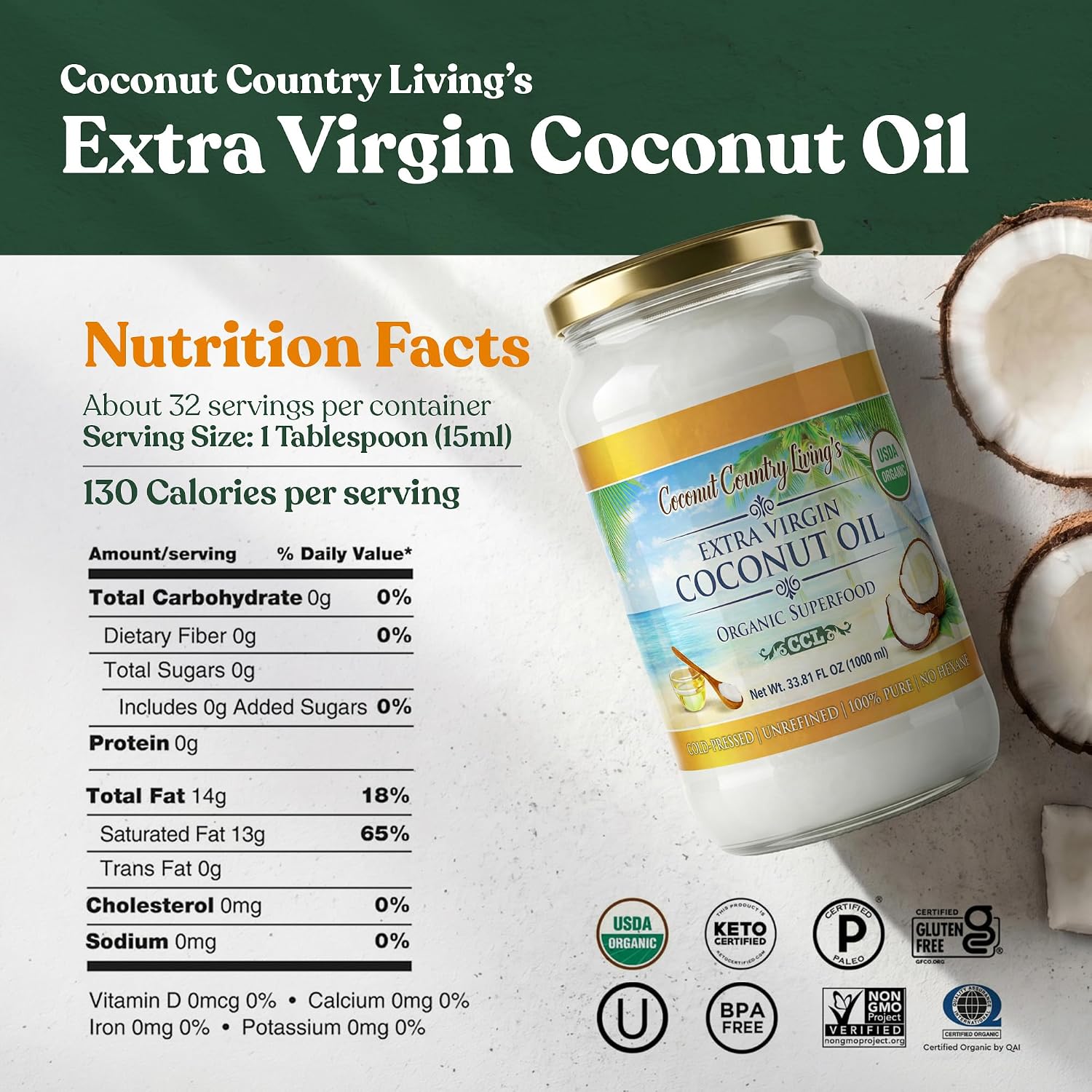 Organic Extra Virgin Coconut Oil – Unrefined, Cold Pressed | 2 Glass Jars (16.91 oz Each) | Hair, Skin, Body & Cooking