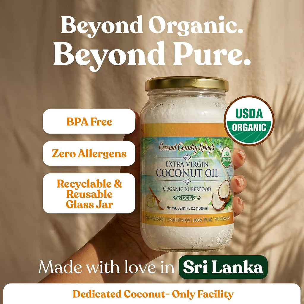 Organic Extra Virgin Coconut Oil – Unrefined, Cold Pressed | 2 Glass Jars (16.91 oz Each) | Hair, Skin, Body & Cooking