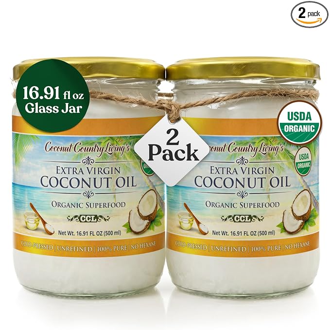 Organic Extra Virgin Coconut Oil – Unrefined, Cold Pressed | 2 Glass Jars (16.91 oz Each) | Hair, Skin, Body & Cooking