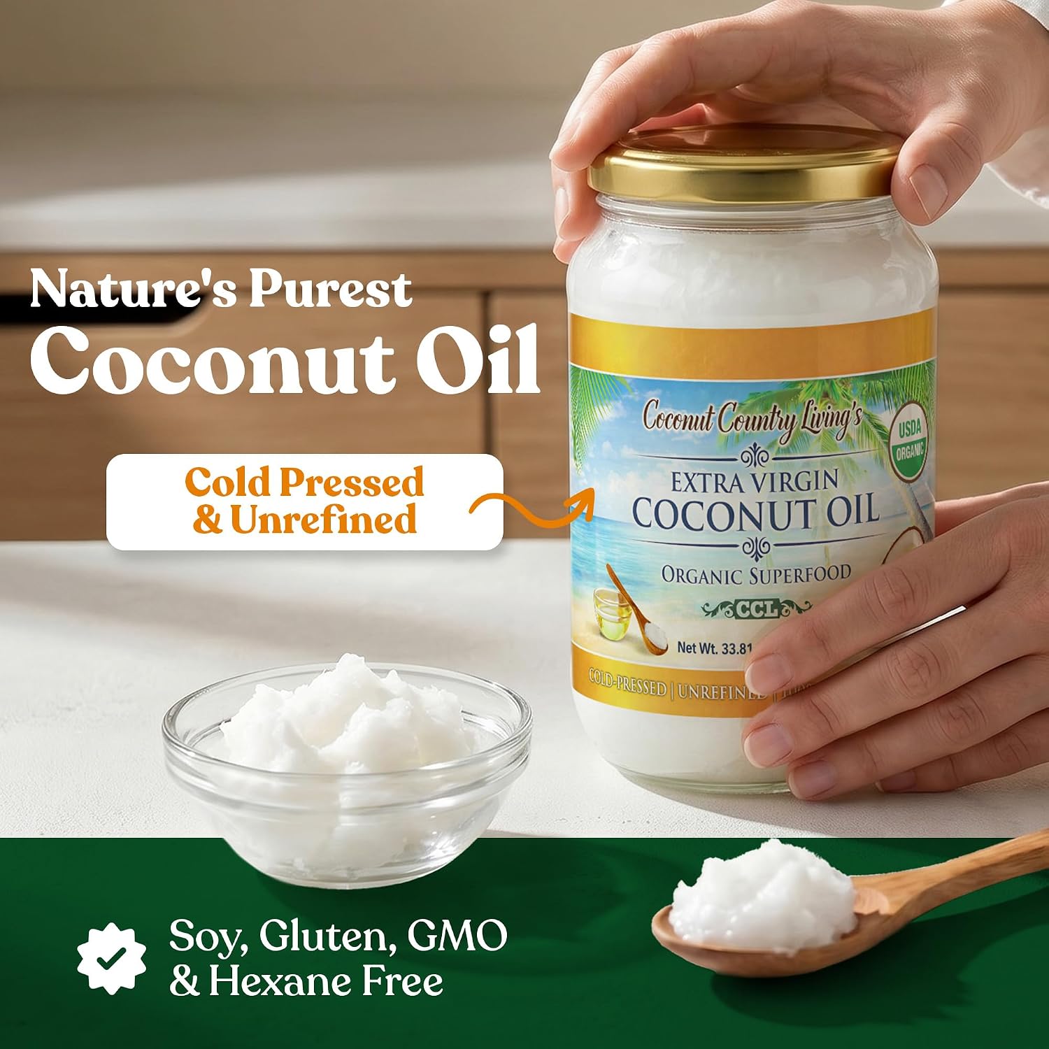 Organic Extra Virgin Coconut Oil – Unrefined, Cold Pressed | 2 Glass Jars (16.91 oz Each) | Hair, Skin, Body & Cooking