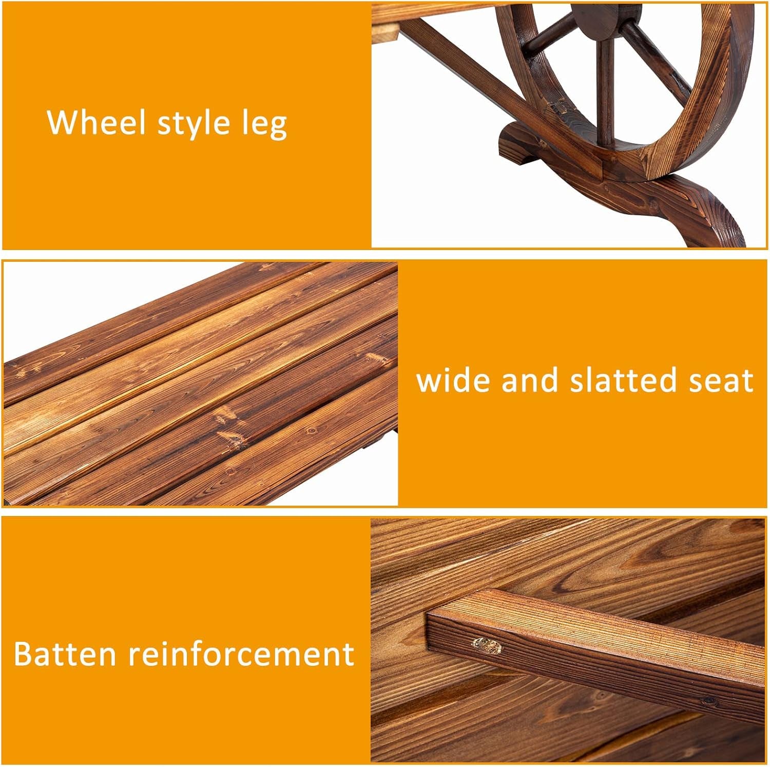 Wooden Garden Bench, Outdoor Rustic Wagon Wheel Bench with Carbonized Finish & Fir Construction for Garden Porch Backyard Patio Park, Seats 2 Person Brown