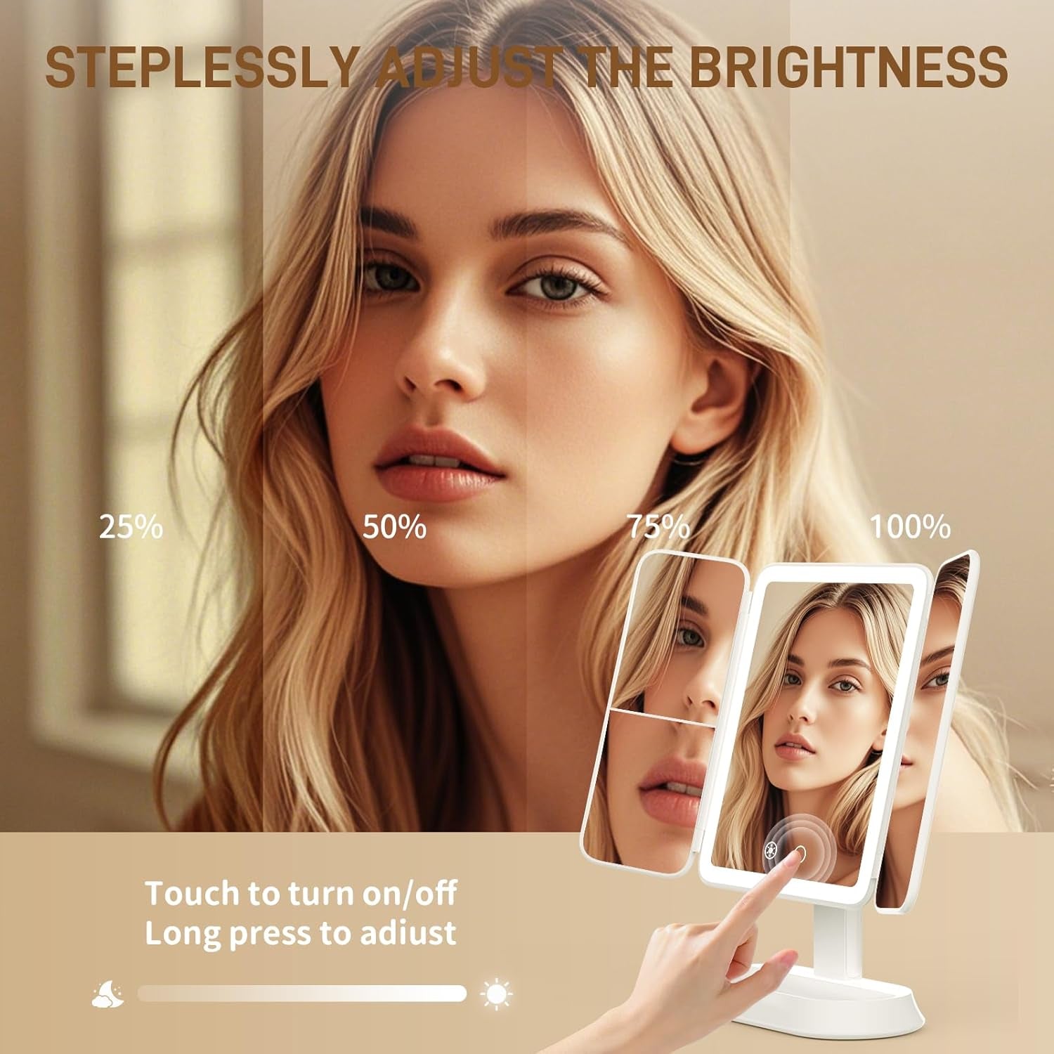 Makeup Mirror with Lights, 1X/3X/5X Magnification Vanity Mirror, 3 Colors Dimmable Soft Light 360° Rotation Smart Touch | Rechargeable Portable Trifold Mirror for Travel/Dorm/Room, Gift for Women
