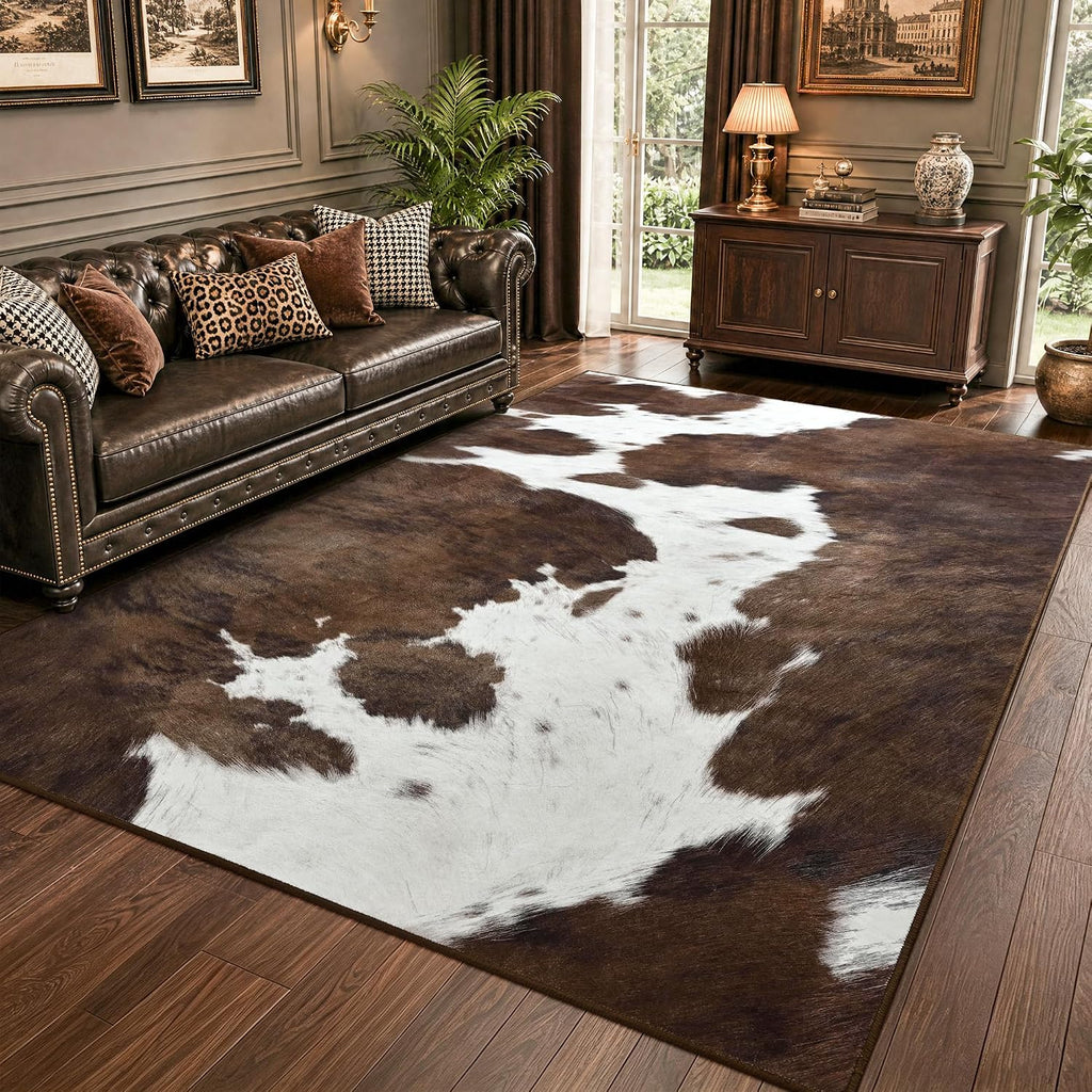 Cow Print Rugs for Living Room Bedroom, 5X7 Washable Non-Slip Low Pile Indoor Floor Rug, Carpet for Dining Room Kitchen Office Western Home Decor, Brown