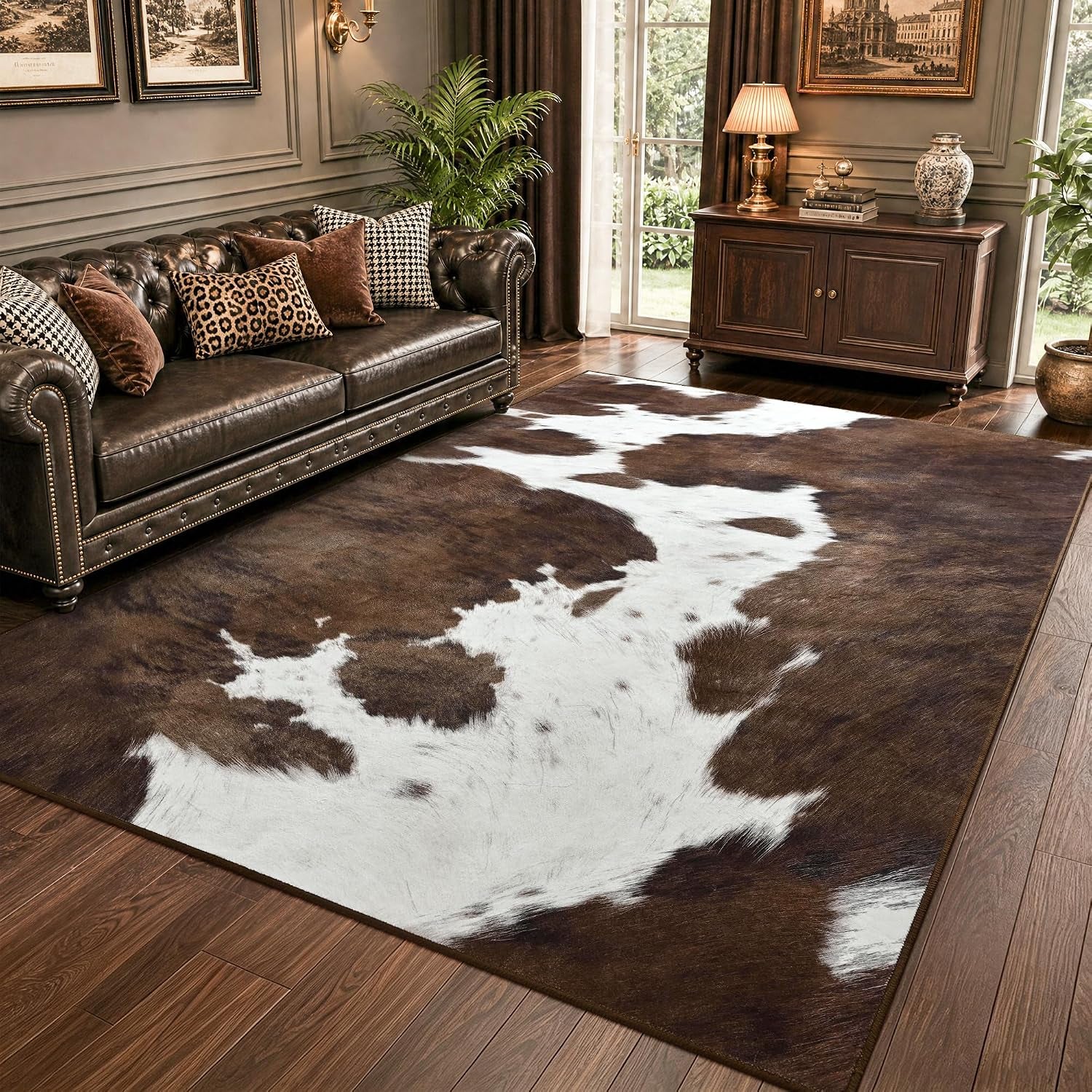 Cow Print Rugs for Living Room Bedroom, 5X7 Washable Non-Slip Low Pile Indoor Floor Rug, Carpet for Dining Room Kitchen Office Western Home Decor, Brown