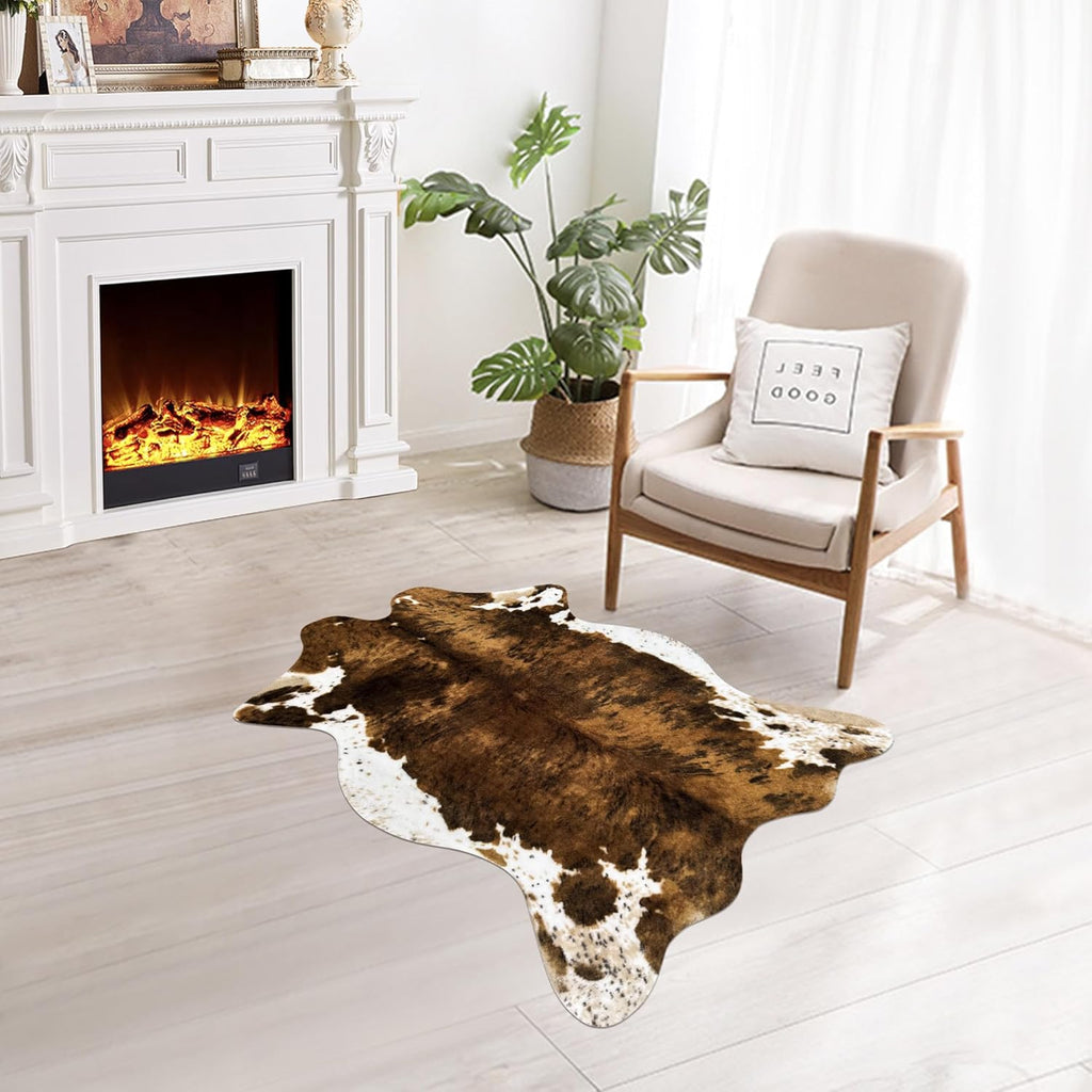 Small Faux Cowhide Rug Cow Carpet Western Home Decor Cow Print Area Rug for Bedroom, Living Room, Kids Room, Table, Office, Brown, Mat, 3.6X2.46 Feet(75X110Cm)