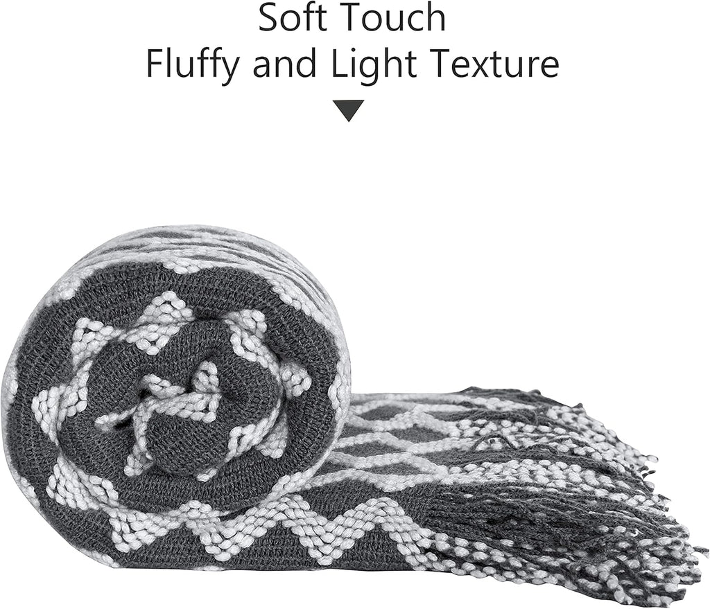 Acrylic Knitted Throw Blanket, Lightweight and Soft Cozy Decorative Woven Blanket with Tassels for Travel, Couch, Bed, Sofa, 51X67 Inches, Grey Wave