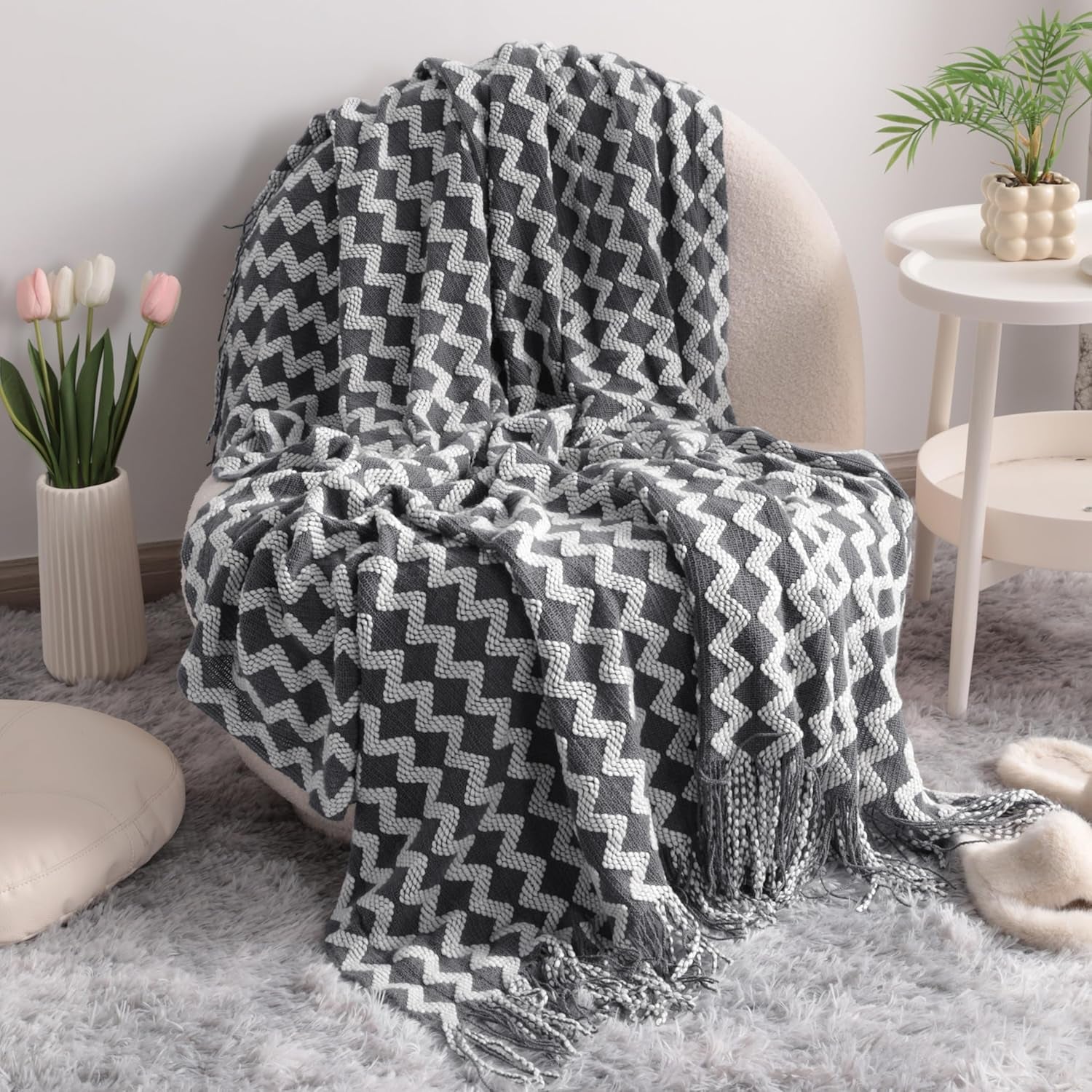 Acrylic Knitted Throw Blanket, Lightweight and Soft Cozy Decorative Woven Blanket with Tassels for Travel, Couch, Bed, Sofa, 51X67 Inches, Grey Wave