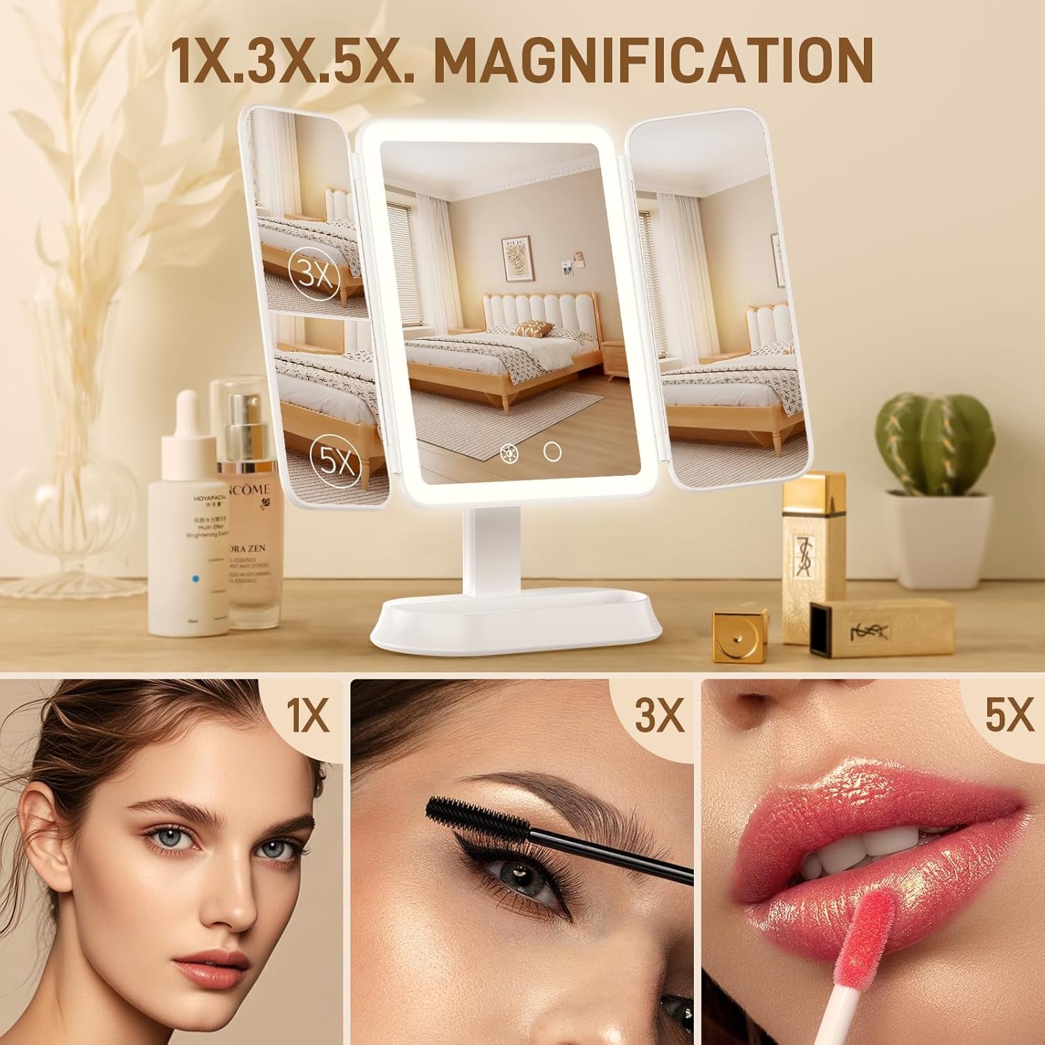 Makeup Mirror with Lights, 1X/3X/5X Magnification Vanity Mirror, 3 Colors Dimmable Soft Light 360° Rotation Smart Touch | Rechargeable Portable Trifold Mirror for Travel/Dorm/Room, Gift for Women