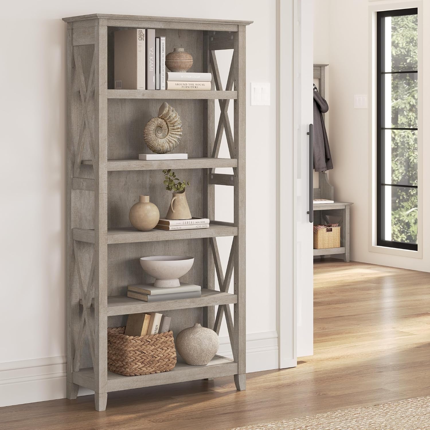 Tall 5 Shelf Bookcase for Living Room or Home Office, Large Bookshelf, Modern Farmhouse Style, Key West Collection, Washed Gray
