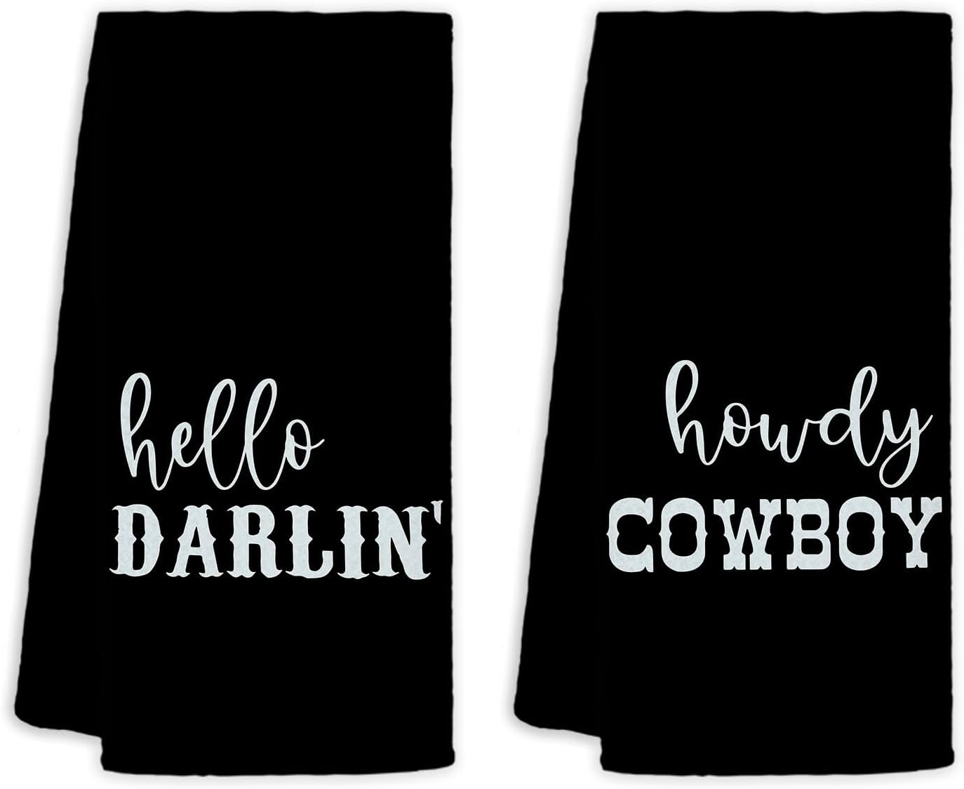 Western Hand Towels Set of 2 – Hello Darlin Howdy Cowboy Bathroom & Kitchen Decor (Black)