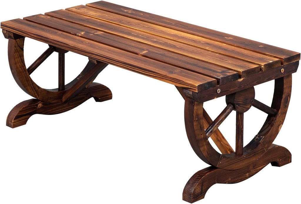 Wooden Garden Bench, Outdoor Rustic Wagon Wheel Bench with Carbonized Finish & Fir Construction for Garden Porch Backyard Patio Park, Seats 2 Person Brown