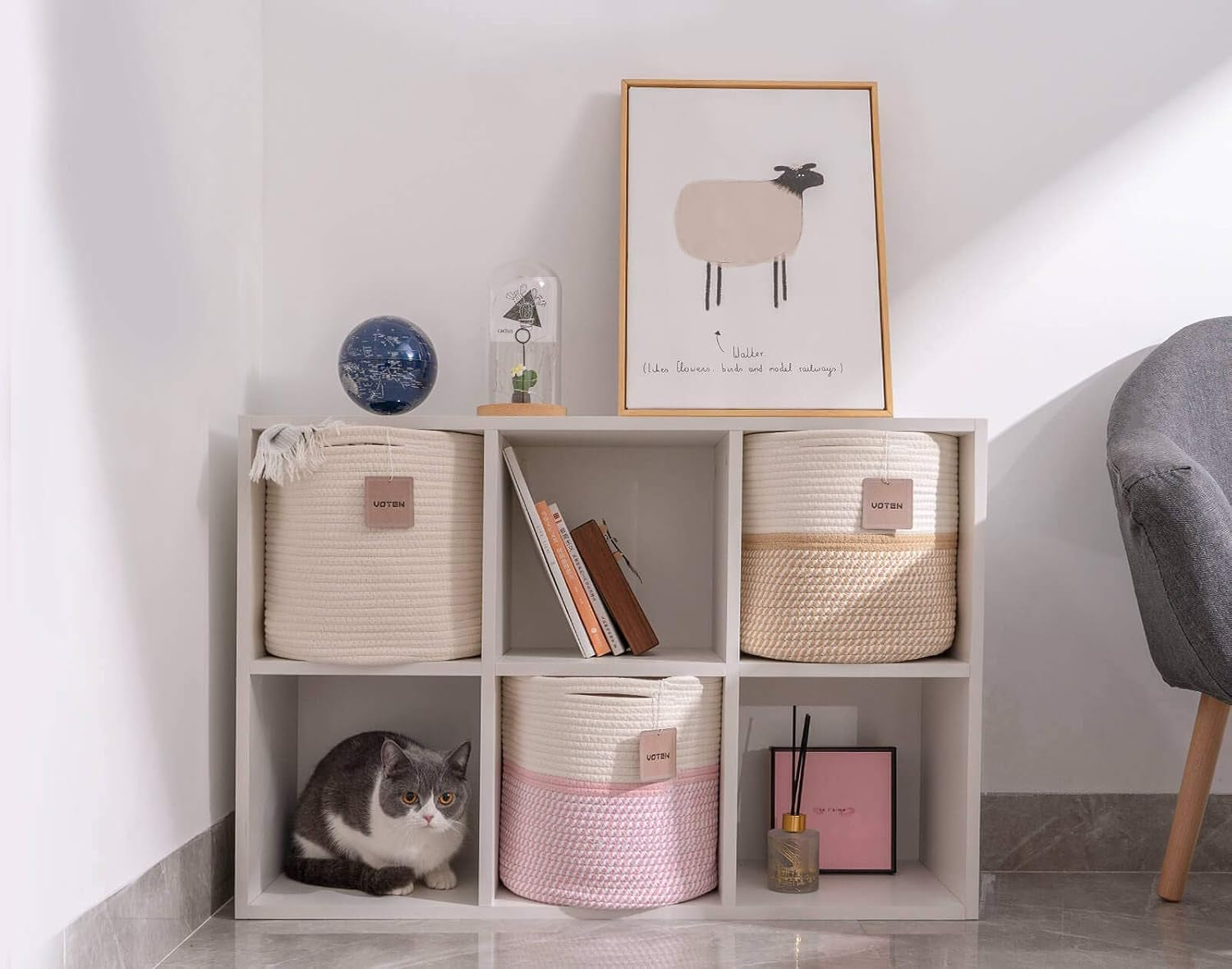 Cube Storage Baksets Bins 11X11’’ Fit 12X12’’ Organizer Bookcases Shelving,Stylish&Durable Woven Cotton Basket Containers for Organizing 3-Pack off White/Mixed Camel
