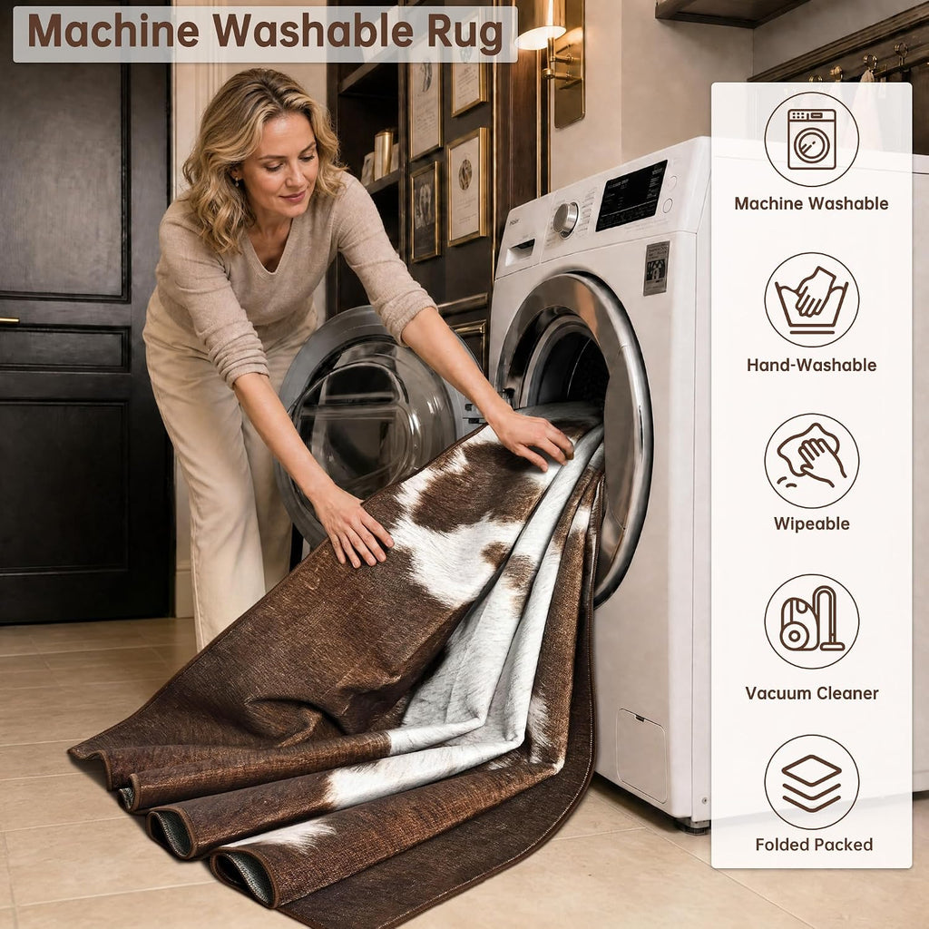 Cow Print Rugs for Living Room Bedroom, 5X7 Washable Non-Slip Low Pile Indoor Floor Rug, Carpet for Dining Room Kitchen Office Western Home Decor, Brown