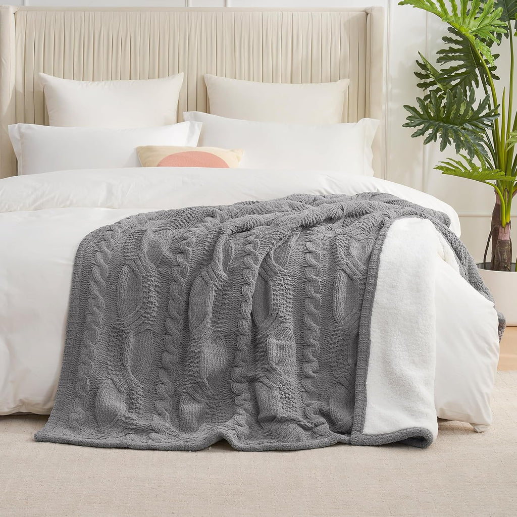 Cable Knit Throw Blanket for Couch, Chenille Sherpa Soft Cozy Throw Blankets for Sofa Chair Comfortable Home, 50"X60", Gray