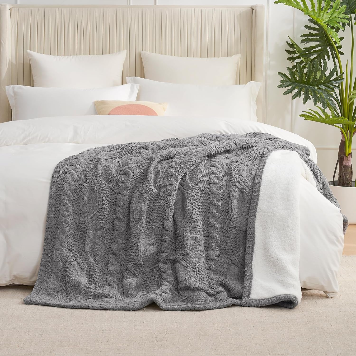 Cable Knit Throw Blanket for Couch, Chenille Sherpa Soft Cozy Throw Blankets for Sofa Chair Comfortable Home, 50"X60", Gray