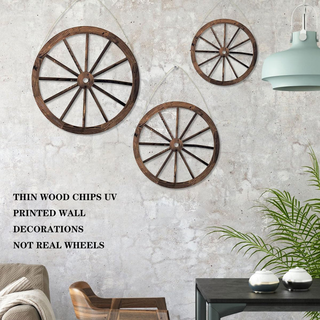 3 Pcs Wooden Wagon Wheel Wall Decor 12/10/8 Inch Western Decor, Rustic Wagon Wheels Rustic Yard Hanging,Western Room Decor for Garden Home Bar Garage